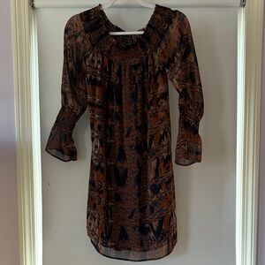 Veronica M Abstract Print Long Sleeve Brown Black Dress